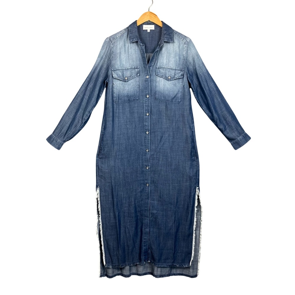 Bella Dahl Chambray Shirt Dress Womens S Tencel Lyocell Maxi Raw Hem Slit Boho